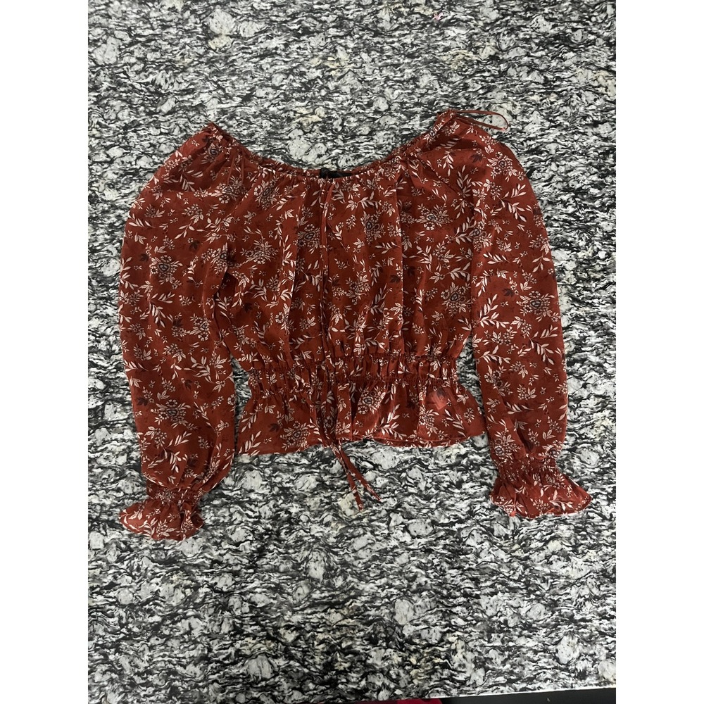 Love Tree Rust Orange Floral Smocked Waist Off Shoulder Blouse Small Long Sleeve